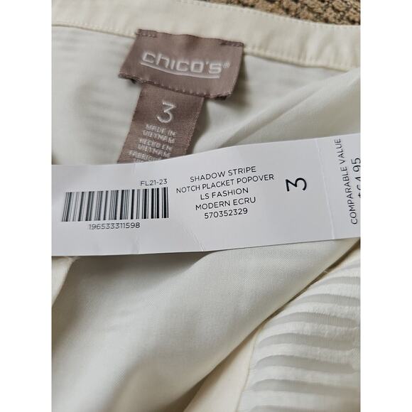 Chico's NWT Size 3 Shadow Textured Stripe Popover Top Blouse Ecru Ivory XL - Picture 4 of 4